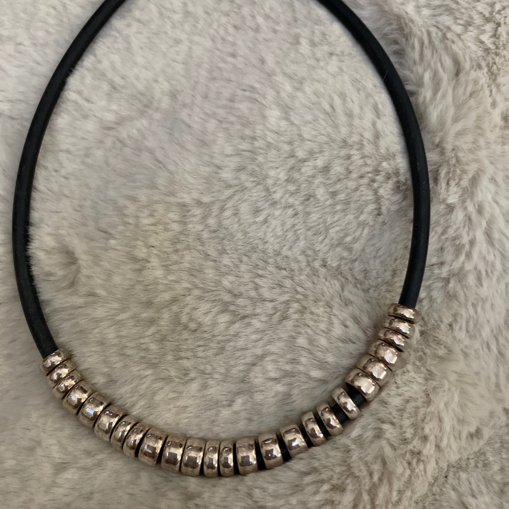 U6U Silver toned with black cord necklace